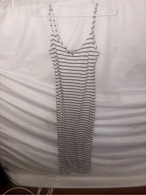 White and Black Striped Spaghetti-Strap Maxi Dress